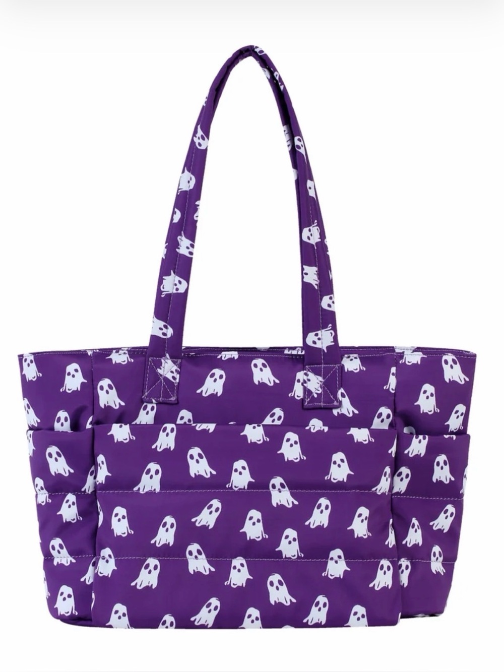 Purple Halloween Ghost Print Quilted Tote Bag